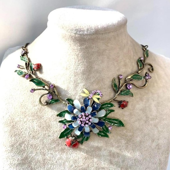 Jewelry - Fairy Enamel Statement Necklace in Green, Blue & Purple lady bug dragonfly y2k